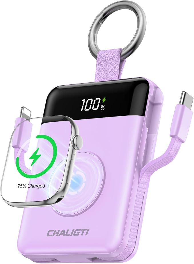 10000mAh Portable Charger,22.5W Power Bank&iWatch Charger,Purple | LED Display,Built-in Cables,Super Fast Charging,Travel Keychain Battery Pack for iPhone 17/16/15/14/13/12,Apple Watch Series by Unknown