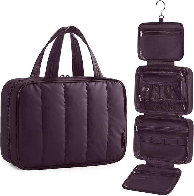 BAGSMART Travel Toiletry Bag for women, Portable Hanging Hook Makeup Bag Organizer, Waterproof Makeup Cosmetic Bag, for Full-Size Accessories, Toiletries,Crimson Purple by BAGSMART