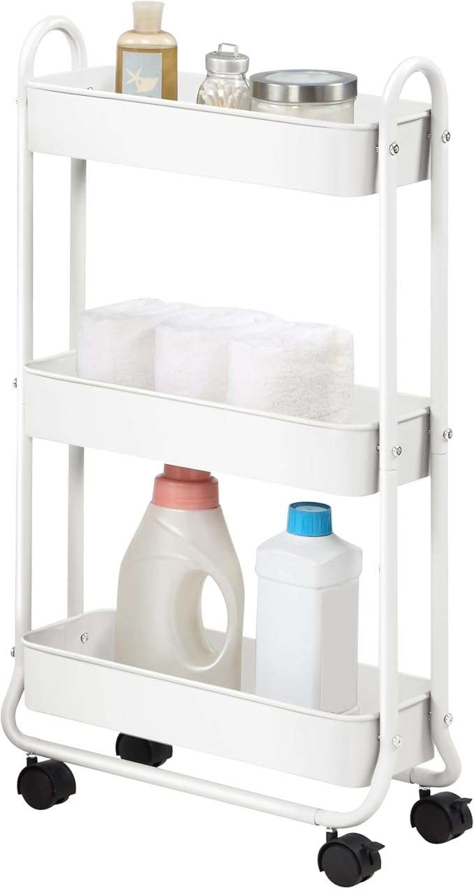 SunnyPoint Slim Rolling Storage Cart, 3 Tier Bathroom Storage Organizer Bathroom, Laundry Utility Cart (White) by SunnyPoint