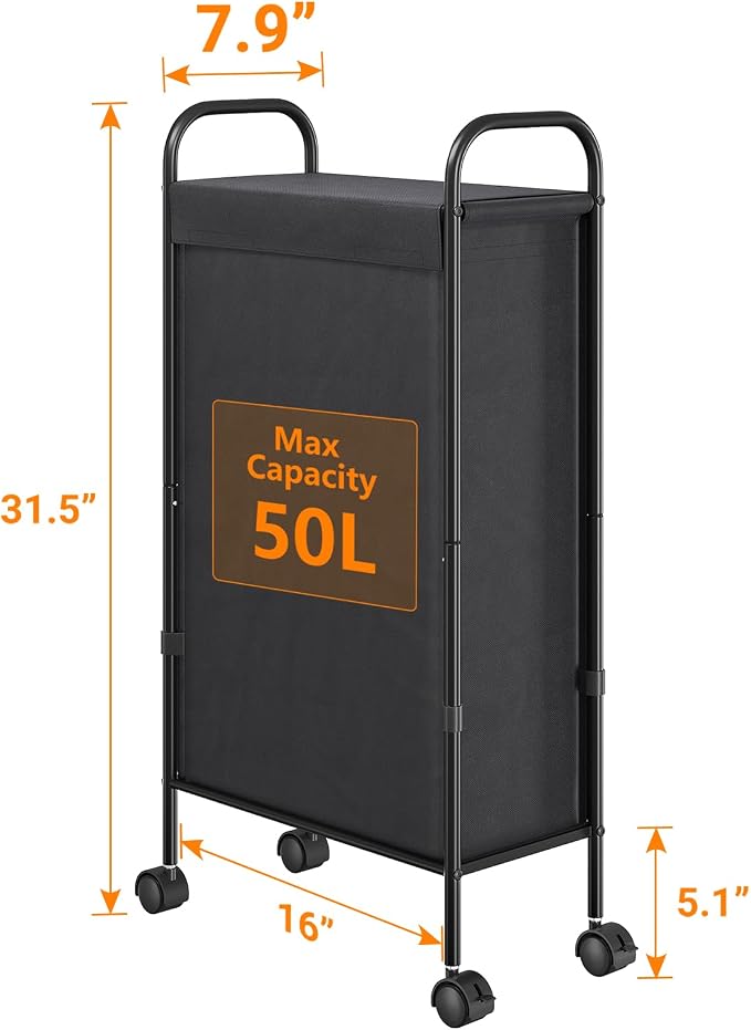 ELYKEN Slim Laundry Hamper with Lid & Wheels, 50L Rolling Laundry Basket | 7.9" Narrow Design, 50L, Removable Liner Bag, Lockable Wheels, Space Saving Clothes Hamper for Bathroom, Bedroom, Closet - Image 3