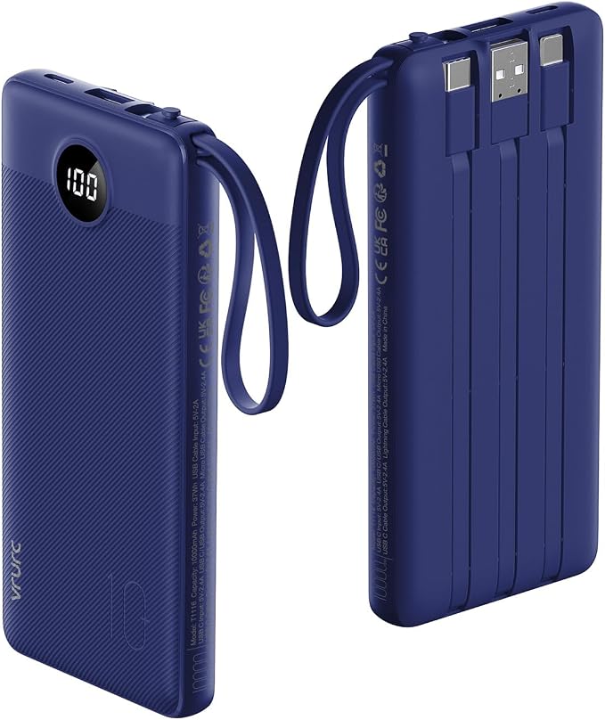 VRURC Portable Charger, Built in 4 Cables & Lanyard Power Bank 10000mAh | Compact USB C Phone Charging Bank 5 Outputs for Multi Devices,Travel Essential for Hiking Camping Business-Navy(1 Pack) by Home