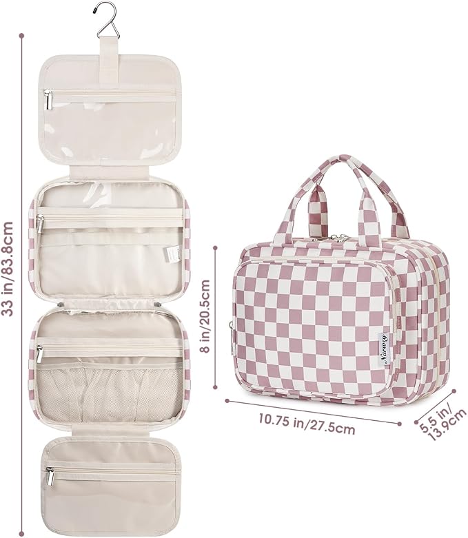 Narwey Hanging Toiletry Bag for Women Travel Makeup Bag Organizer Toiletries Bag for Travel Size Essentials Accessories Cosmetics (Dusty Pink Checkerboard (Medium)) - Image 7
