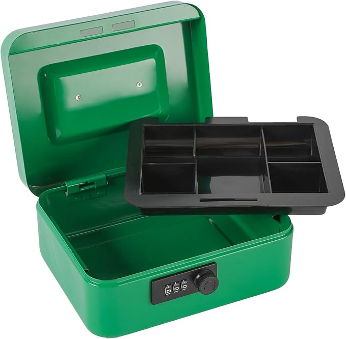 xydled Cash Box with Money Tray,Locking Cash Box with Combination Lock,Money Box with Removable Coin Tray,Medium,9.84 inchx 7.87 inchx 3.54 inch,Green - Image 5
