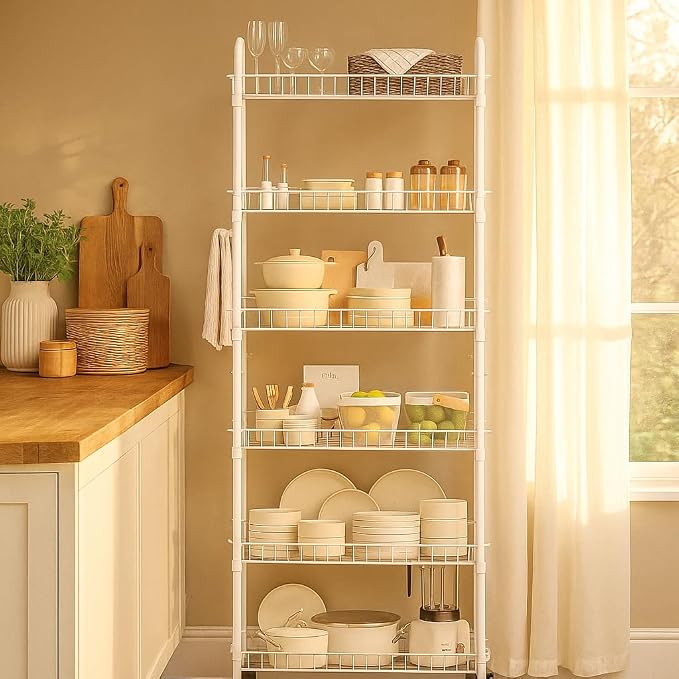 Slim Rolling Pantry Cart 6-Tier Shelf - Space-Saving Kitchen & Spice Rack on Wheels, 6" Deep, White Metal - Image 3