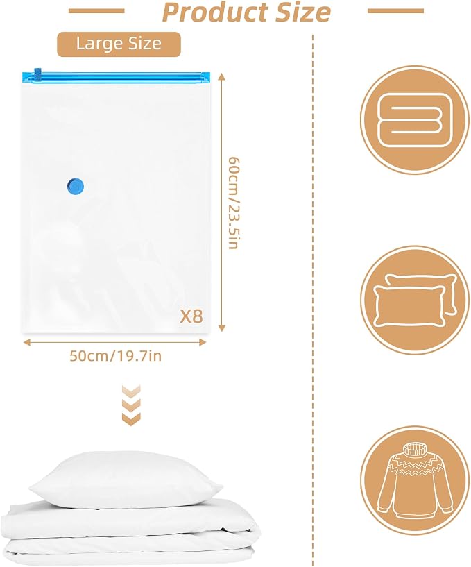 8 Pack Vacuum Storage Bag for Travel with Cordless Electric Pump, Large | Carry-on Packing Bags for Luggage and Suitcase, Space Saver Compression Clothes Storage Bag with Rechargeable Pump (8 Large) - Image 2