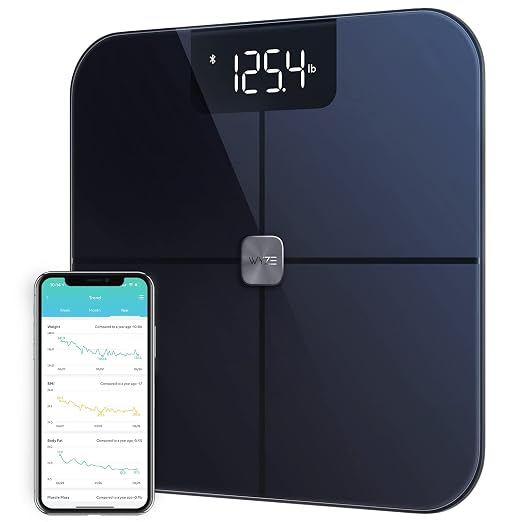 Wyze Smart Bathroom Scale & Body Analyzer, Bluetooth, 400 lbs, Navy Blue | Tracks 12 metrics, Crisp LED Display, Sync with Fitness Apps, Heart Rate Tracking, Auto-Recognition & Sharing by WYZE