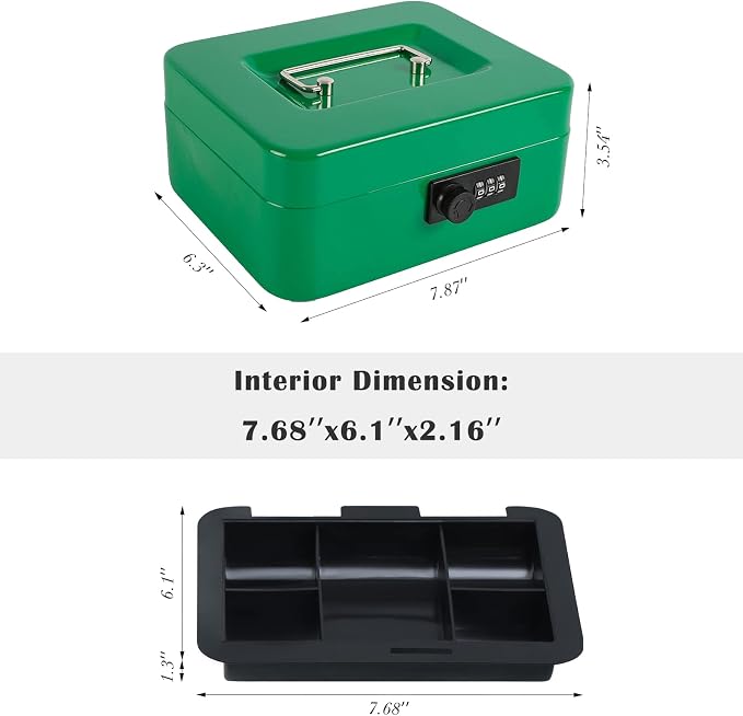 xydled Cash Box with Money Tray,Locking Cash Box with Combination Lock,Money Box with Removable Coin Tray,Medium,9.84 inchx 7.87 inchx 3.54 inch,Green - Image 3
