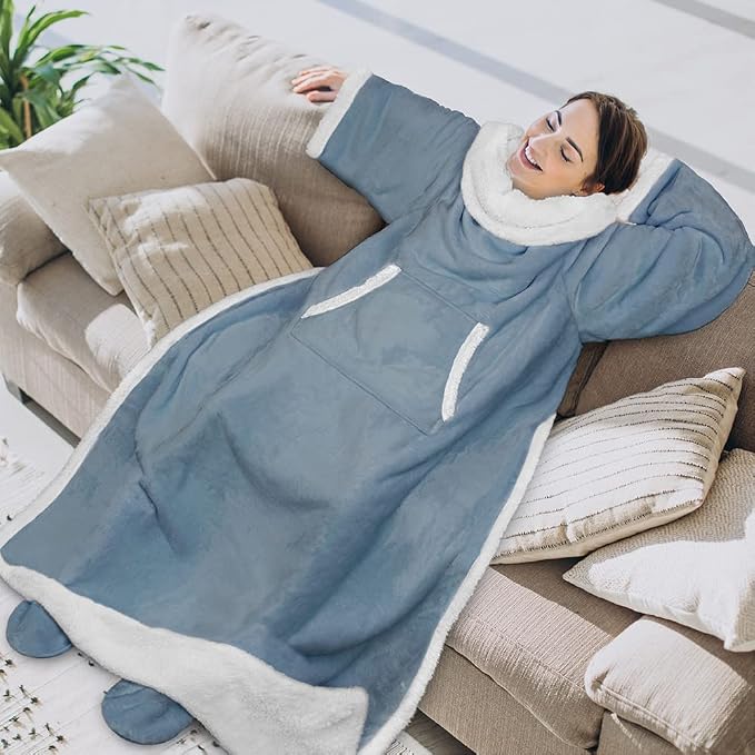 PAVILIA Sherpa Blanket with Sleeves, Foot Pocket for Women Men Adults, Thick Wearable Blanket Throw Wrap, Fleece Warm Snuggle Blanket Robe, Cozy Gift Ideas Wife Mom, Blue - Image 3