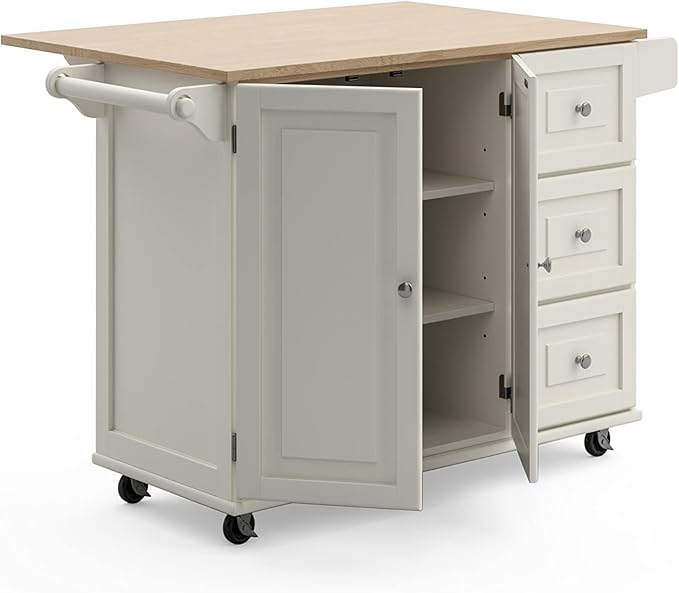 Homestyles Dolly Madison Off-White Mobile Kitchen Island Cart with Wood Drop Leaf Breakfast Bar - Image 5