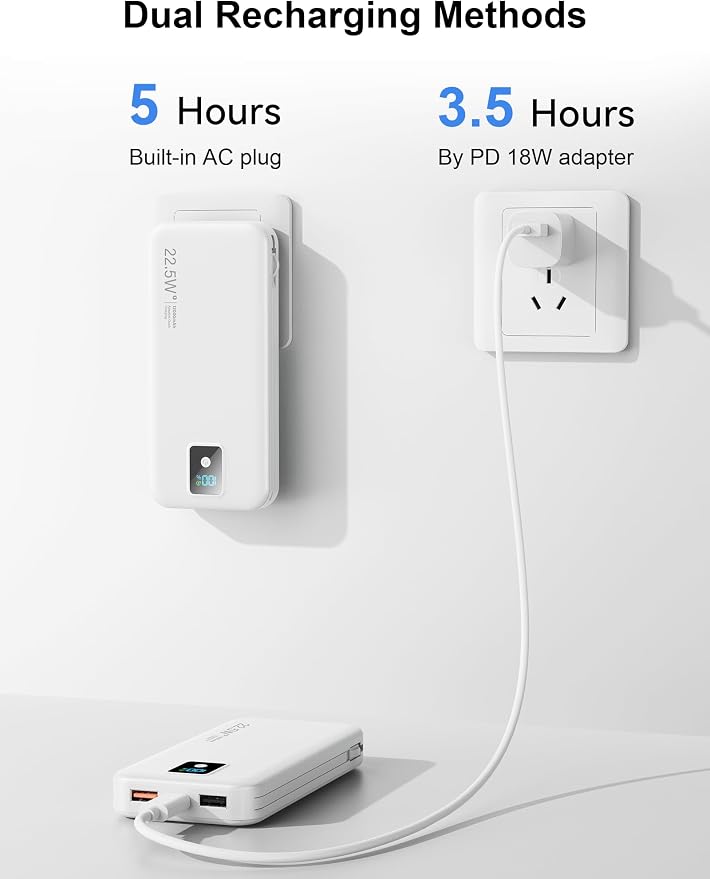 Portable Charger 12000mAh 22.5W w/Built-in Cable & Wall Plug White | 22.5W fast charging, LED display, Charging 5 devices at once, Pass through charging, TSA approved, Compatible with iPhone - Image 8