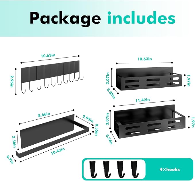 SETBAOO 4 Pack Magnetic Spice Rack for Refrigerator with 4-Hook Rack and Paper Towel Holder, Black Magnetic Shelf and Fridge Kitchen Cabinet Organizers Storage Seasoning Organization Mini Shelves. - Image 2