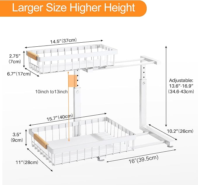 PXRACK Under Sink Organizer, Adjustable Height, 2 Tier Pull Out Under Cabinet Organizer, Slide Out Thickened Metal Under Sink Storage for Kitchen Bathroom Laundry Pantry Cabinet, White, Large-2-Pack - Image 8