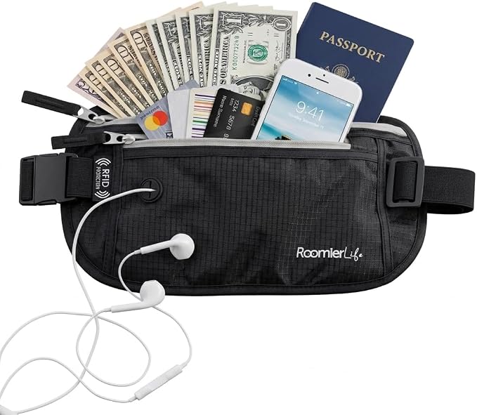 RFID Blocking Passport Holder Travel Pouch for Men & Women - Hidden Money Belt with Anti-Theft Locking Zipper, Slim Waterproof Waist Wallet for Cash, Credit Cards, Passport & Travel Documents (Onyx) by RoomierLife
