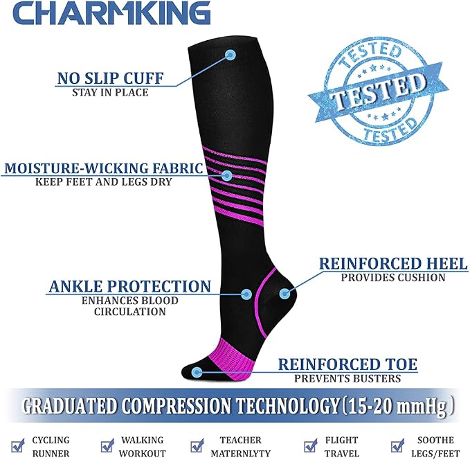 CHARMKING Compression Socks for Women & Men Circulation (8 Pairs) 15-20 mmHg Best Calf Socks Support for Athletic Cycling - Image 4