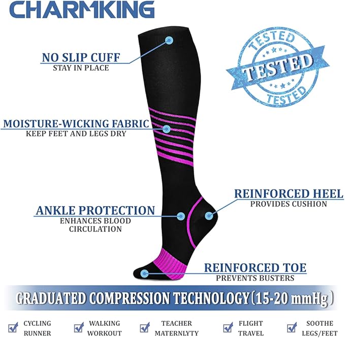 CHARMKING Compression Socks for Women & Men Circulation (8 Pairs) 15-20 mmHg Best Calf Socks Support for Athletic Cycling - Image 4
