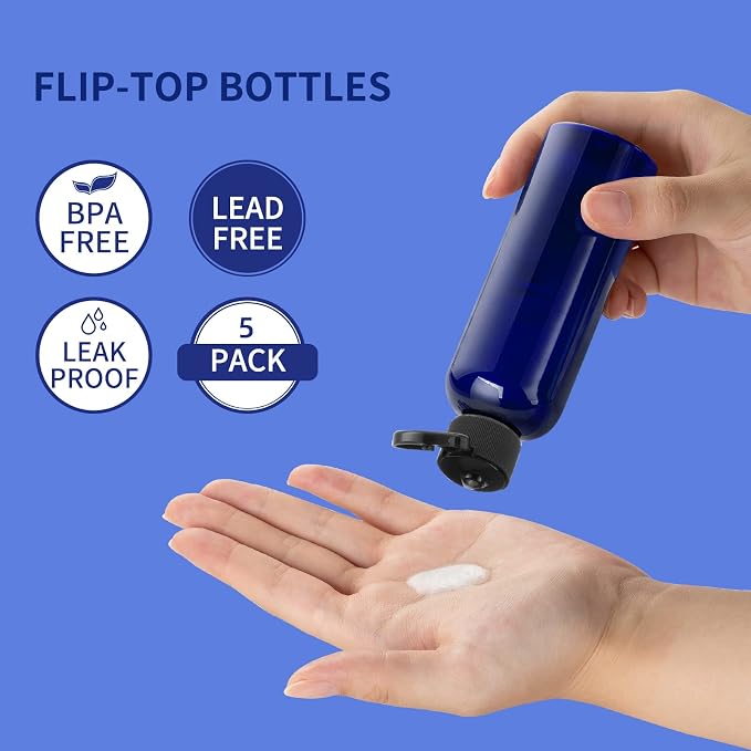 LISAPACK 3.4 oz Travel Bottles for Toiletries, Plastic Shampoo Containers | 5pcs small size dispenser, squeeze tubes, leak proof, small empty for liquid, lotion, conditioner, soap, 100 ml, TSA, blue - Image 2