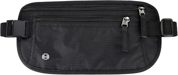 FuninCrea Waterproof Hidden Money Belt for Travel, Anti-Theft Belt Bag with RFID Blocking Function Adjustable Slim Waist Bag with 2 Zipper Pockets and 1 Back Pocket for Travel Running (Style 2, Black) by FuninCrea
