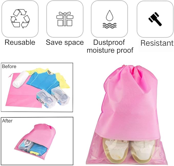 6 Pcs Travel Shoe Bags, ULIFEMALL Large Non-Woven Drawstring Shoes Storage Bag with Transparent Slot Clear Window Portable Waterproof Dustproof Shoes Pouch Packing Organizer for Men Women, Pink - Image 4