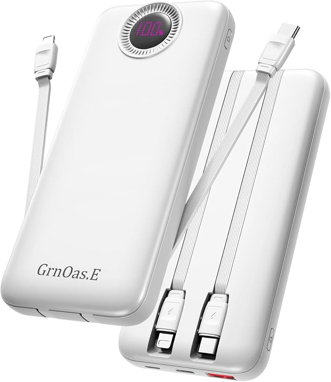 Portable Charger with Built in Cables，10000mAh 22.5W Max High-Speed Charging Power Bank with 4 Outputs 2 Inputs,External Travel Battery Pack for iPhones Android,iPad (Pearl White) by Grn0asE
