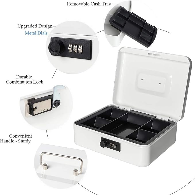 Jssmst Cash Box with Combination Lock - Durable Metal Cash Box with Money Tray, Large, White - Image 4
