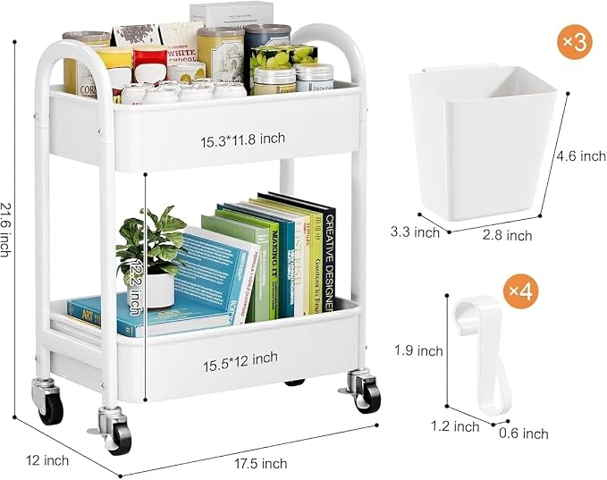 2 Tier Rolling Cart Metal with Wheels,White Under Desk Storage Roller Carts | Two Tiered Short Shelf Trolley, Small Utility Organizer Caddy on Wheels for Dorm, Bathroom, Craft, Art, Baby, Pantry, Snack - Image 6