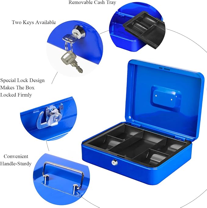 Jssmst Large Cash Box with Key Lock - Durable Metal Cash Box with Money Tray, 11.81 x 9.84 x 3.46 inches (X-Large, Blue) - Image 5