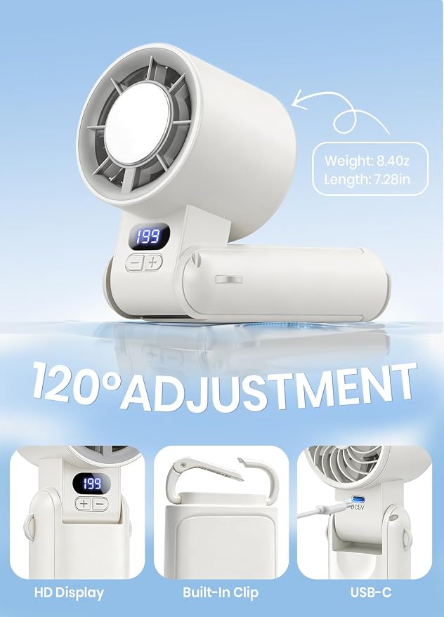 Portable Handheld Turbo Fan, 1-199 Speed Adjustable, White | 4 IN 1 Pocket Design with LED Display, High-Power Motor, Rechargeable Battery, Mini Fans for Indoor/Outdoor/Travel/Work - Image 7