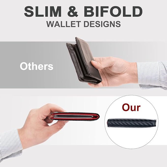 Chelmon Slim Wallet for Men ID Window with RFID Blocking Front Pocket Minimalist Bifold Bussiness Card Holder Gift for Men, Carbon Black & Red - Image 5