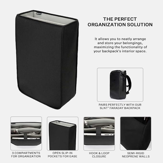 SLNT Backpack Organizer Insert - 20L Faraday Bag Compatible, Black | Semi-Rigid Neoprene Construction, Lightweight Design, 20-Liter Capacity, Velcro Securing Strap, Multiple Compartments - Image 3