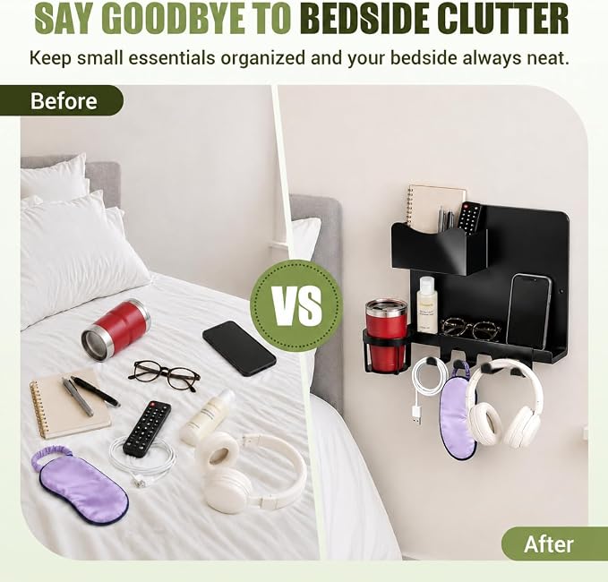 Floating Bedside Wall Shelf, Metal Wall Organizer with Detachable Cup Holde | No Drill Floating Wall Mounted Storage for Bedroom, Dorm, Loft Bed, Bunk Bed & Small Space Organization - Image 5