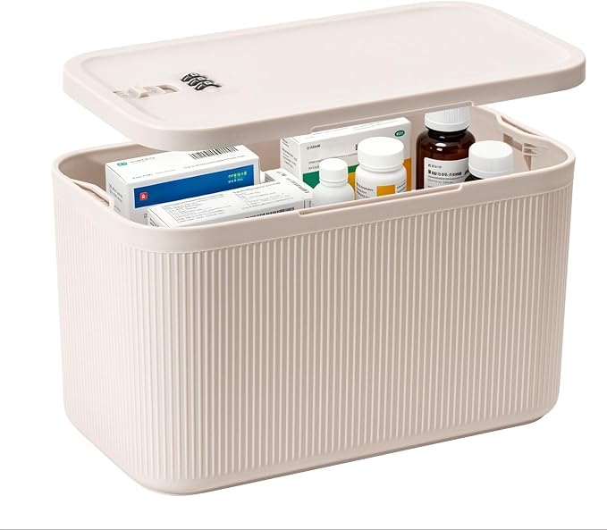 Small Medication Lock Box with Combination Code, Lockable Storage Box for Pills/Snacks/First Aid Kits, Phone/Personal Items, Secure Container for Home/Fridge/Office/Travel- Reusable (Beige) by Unknown