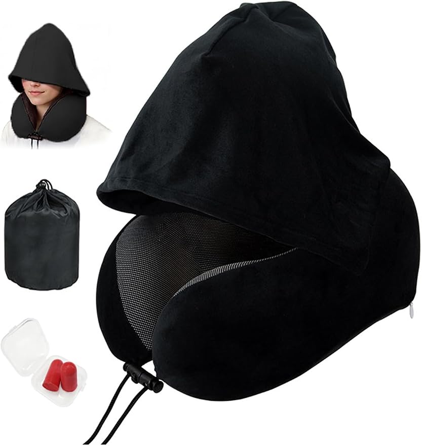 Travel Neck Pillow with Hood Memory Foam for Airplane | Ergonomic Neck Support,Adjustable Drawstring,Light Blocking Design,Removable Cover,Long Flight Comfort,Black by BAIKEA