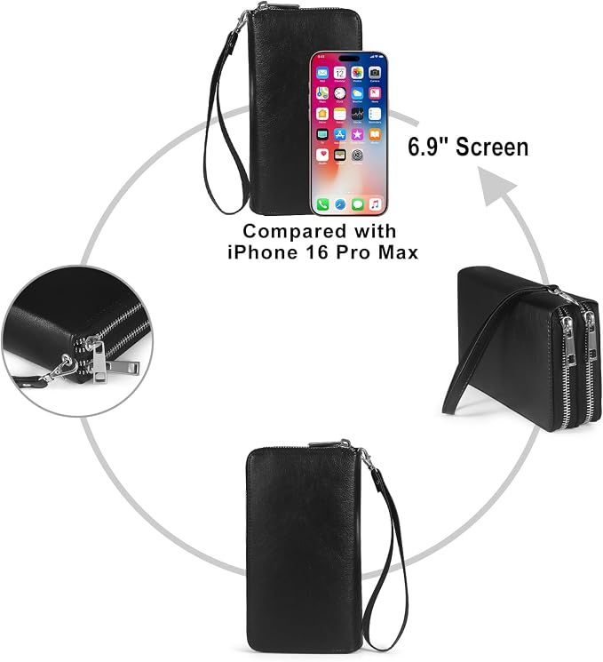 Double Zipper Wallet for Women RFID Blocking Cellphone Wristlet Large Size Multi Card Clutch Purse with Removable Strap, Black - Image 6