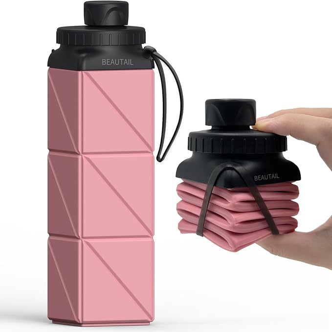 BEAUTAIL Collapsible Water Bottles 21 oz, Silicone Portable Water Bottle | BPA Free, Leakproof & Reusable, Foldable Water Bottle for Travel, Hiking, Camping, Cycling, School, Gym, 1-Pack, Pink by BEAUTAIL