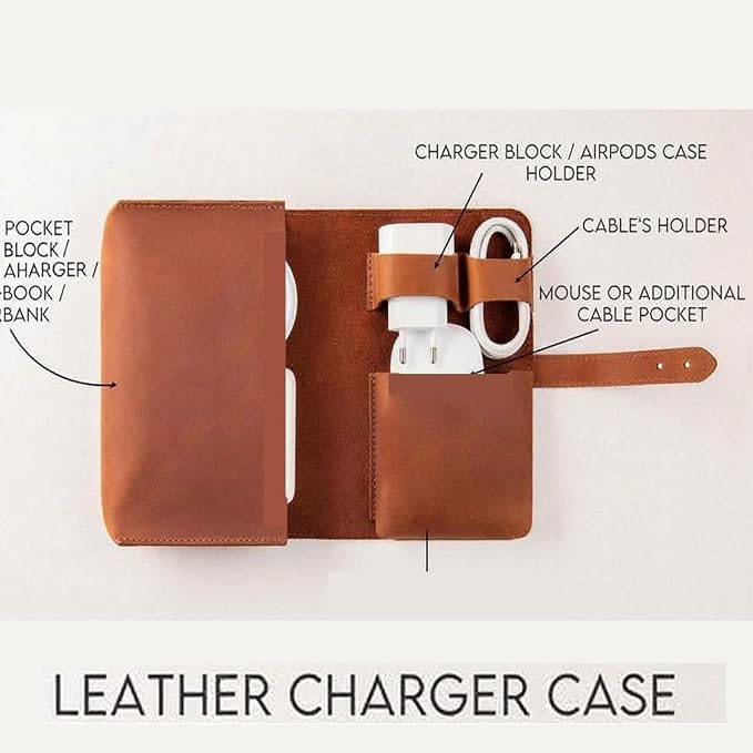 Vintage Tech leather Electronic organizer travel case,cord organizer travel, Leather charger shortage for essentials mouse, adapter, cables (dark grey) - Image 8