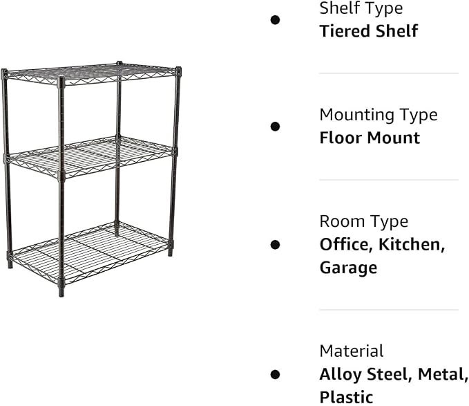 Amazon Basics 3-Shelf Adjustable Heavy Duty Steel Wire Rack Storage Shelving Organizer with Storage Space, Versatility and Ease of Use for Kitchen, Garage, 23.2" L x 13.4" W x 30" H, Black - Image 6