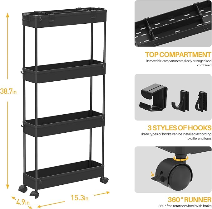 Slim Storage Cart 4 Tier,Bathroom Organizer Rolling Utility,Mobile Shelving Unit Slide Out for Office, Kitchen, Laundry Room & Narrow Places,Black - Image 4