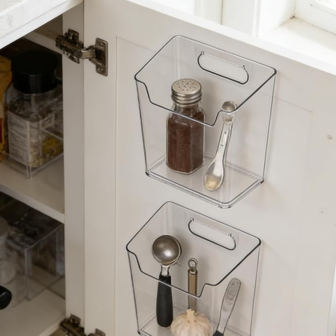 JAPCHET 8 PCS Adhesive Wall Storage Bins, Clear Cabinet Door Organizer, Acrylic Wall Mount Organizer Adhesive Hanging Bin for Wall, Refrigerator, Cabinet, Kitchen, Bathroom, Countertops - Image 6