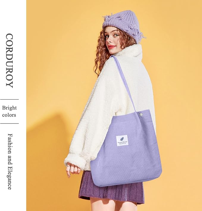 LHMTQVK Corduroy Tote Bags for Women, Large Capacity Tote Purse Reusable Grocery Shoulder Bag with Inner Pockets - Image 6
