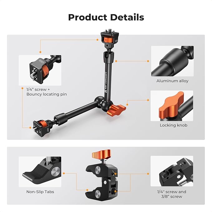 K&F CONCEPT 11" Magic Arm Clamp with Clamp ARRI 1/4" & 3/8" Thread Screw | 360° Ball Heads Arm with Clamp Mount for Monitor, LED Light, Webcam, Action Camera, MS33 - Image 4