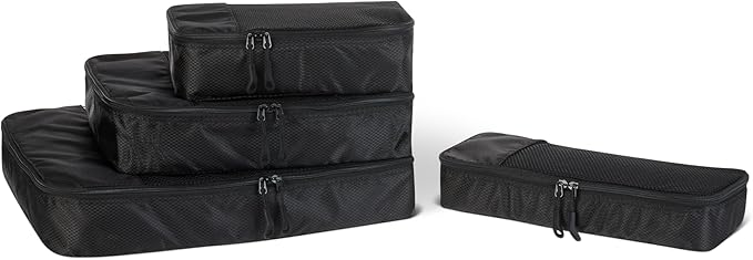 Amazon Essentials 4-Piece Space-Saving Packing Cubes Travel Accessories Set, Luggage Organizer with Double Zipper, Mesh Top, Small/Medium/Large/Slim, Black (Previously Amazon Basics) by AmazonEssentials