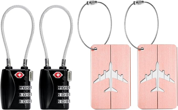 2 Pack TSA Luggage Lock and 2 Pack Aluminium Metal Luggage Tags, Mini Combination Password and Suitcase Card Holder Bag Tag Name Address ID Bag Label with Key Ring by AOUTACC