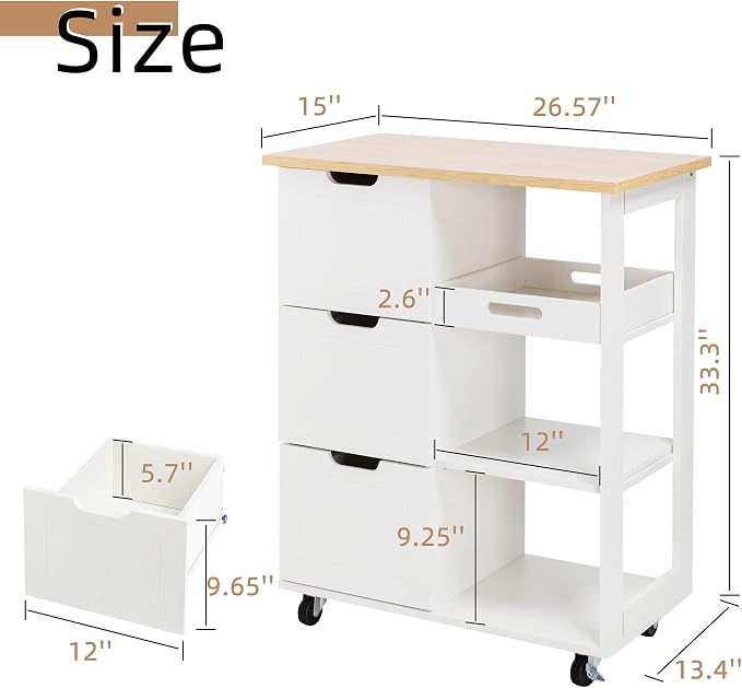 Shintenchi Kitchen Island Cart with Storage,Rolling Kitchen Island Storage Cabinet,Side Table on Wheels with Worktop,3 Open Shelves and 3 Drawers for Kitchen,Dinning Room, White - Image 5