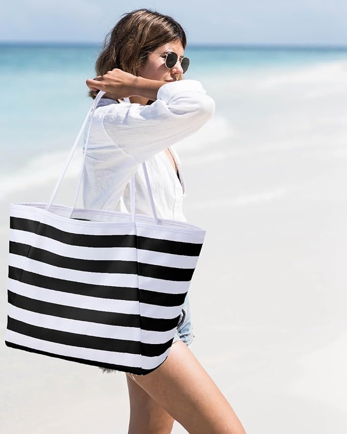KALIDI Beach Tote Bag Women Large Waterproof Sandproof Shoulder Handbags | Foldable Grocery Bag Striped Pool Bag Lightweight Travel Purse for Picnic Travel Vacation Casual Errands Everyday Daily - Image 8