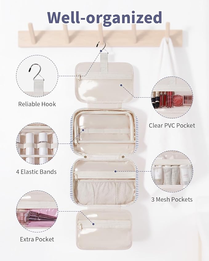 Narwey Striped Hanging Travel Toiletry Bag, Makeup Bag Organizer Make up Toiletries Bags for Full Size Essentials, Accessories, Brushes, Cosmetics (Greyish Blue Stripe, Large) - Image 3