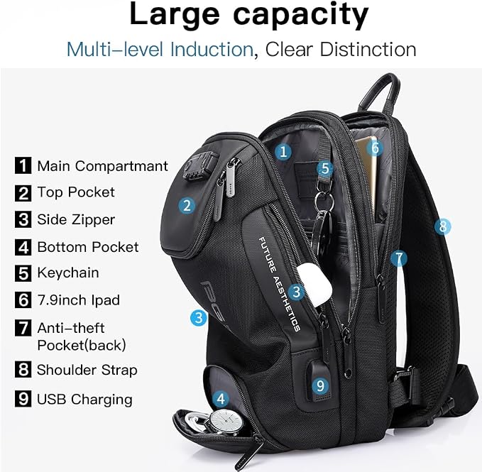 BANGE Men's Sling Backpack - Waterproof Crossbody Bag, Multi-Purpose Shoulder Bag - Image 2