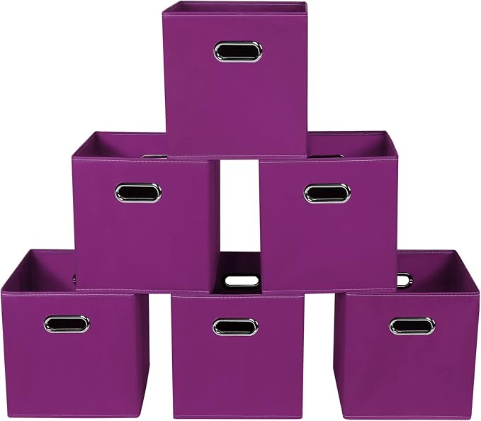 Fabric storage bins Cubes, Fabric Cube Organizer with Handle, Foldable Cube Bins for Cloth or Accessary Storage, 11x11x11, Set of 6, (Purple) by Yunkeeper