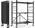 Himix 3 Tier Foldable Storage Shelf with Wheels 6 Hooks No Assembly Black | Metal collapsible organization, Folding shelves rack, Wire shelving, Unit rolling cart, Kitchen, Garage, Holds 792 Ibs by Himix