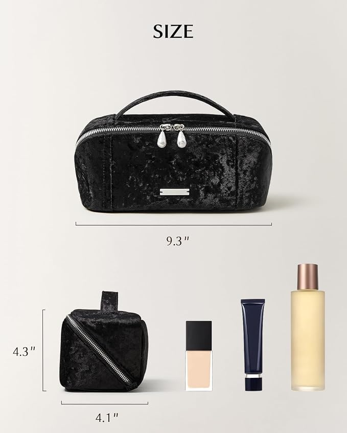 EACHY Velvet Travel Makeup Bag for Women, Flat Open Cosmetic Organizer | Velvet cosmetic organizer with two clear TPU brush pockets and extra storage for makeup, toiletries and travel essentials - Image 7