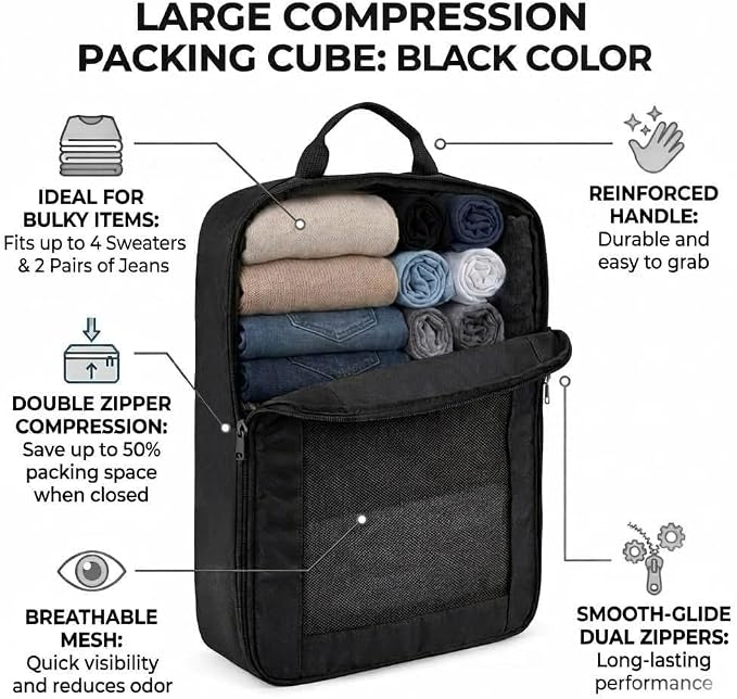 G-FORCE 3PC Compression Mesh Mid-Rectangular Packing Cube Set Black Color | Space Saver Travel Organizer | Luggage Compression Cubes - Image 6